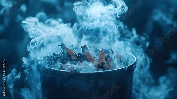 Fototapeta Wisps of Smoke Curling From Smoldering Paper Remains in a Trash Can