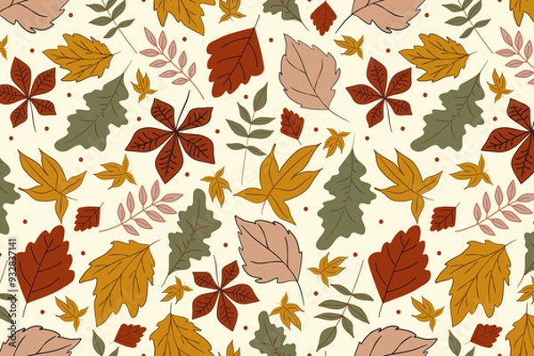 Fototapeta Pattern with autumn leaves, vector seamless background with leaf fall in warm colors, botanical print for printing on fabric, gift paper and wallpaper