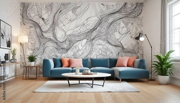 Fototapeta Photo modern style interior room 3d illustration with Abstract Doodle Pattern
