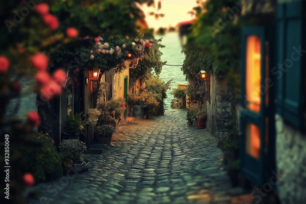 Fototapeta A magical old street leading to the sea, captured in tilt-shift style, blending charm and wonder.
