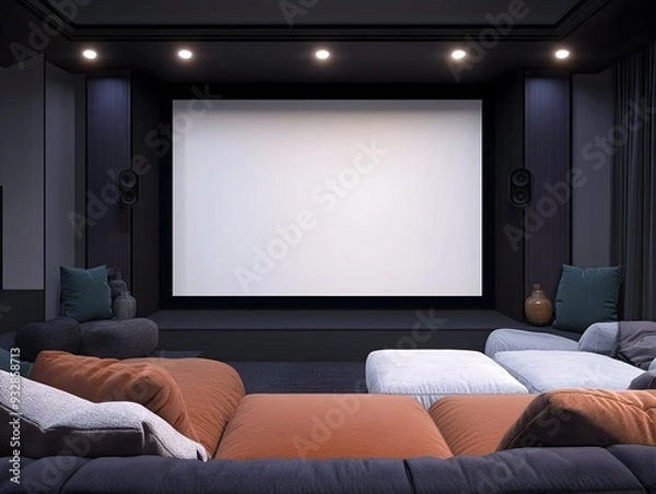 Fototapeta A 3D rendered mockup of a cozy and luxurious home theater setup,featuring a white background frame,a plush sectional sofa,dark accent walls,recessed lighting.