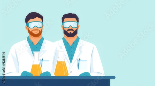 Obraz Industrial lab, technicians in protective lab coats and goggles, flat design illustration