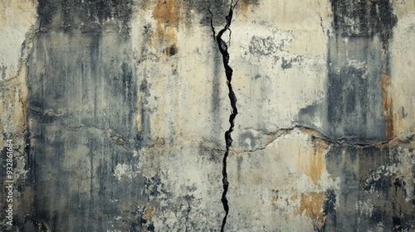 Fototapeta Old cement wall with a large crack running vertically, aged and distressed, industrial feel