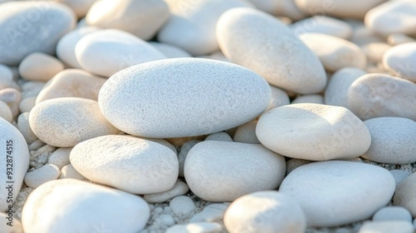 Fototapeta White pebbles on a beach, smooth and natural, simple beauty in nature