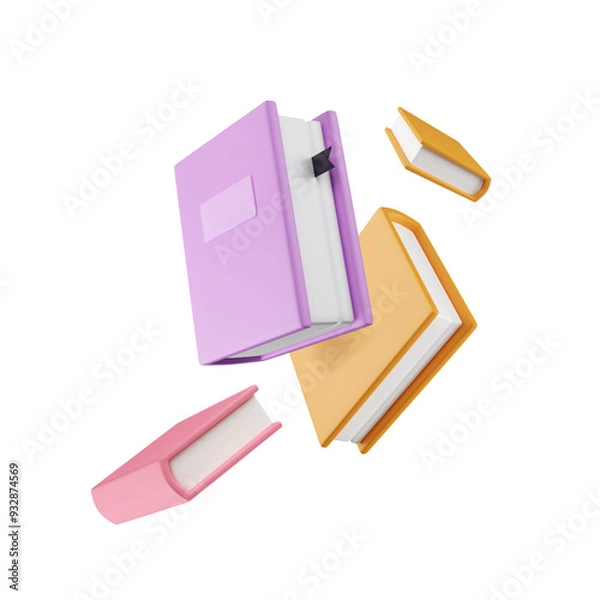 Obraz 3d books floating on transparent background. Cartoon library, education, school elements in pastel colors. Vector illustration. Bookstore advertising. Textbook with bookmark.