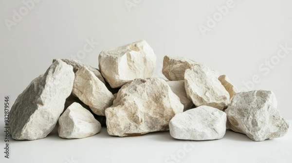 Fototapeta Limestone rocks of varying sizes, placed in a rough arrangement on a white surface. No people, copy space