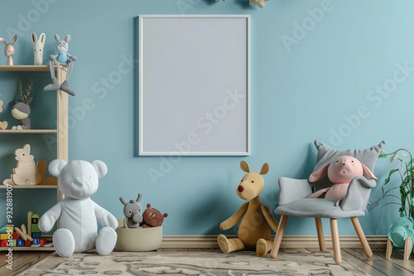 Fototapeta A whimsical colorful bedroom furniture interior blank photo frame mockup in a child toy elements, 3d render