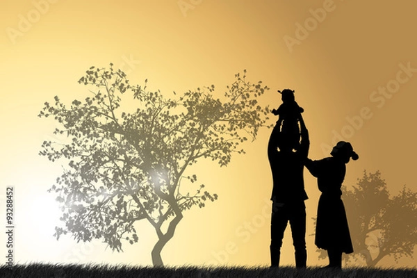 Obraz 노을이 지는 공원의 세 가족