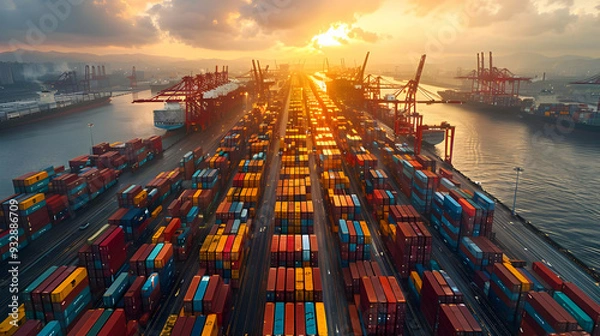 Fototapeta Aerial View of Cargo Containers at a Busy Shipping Port at Sunset - Photo