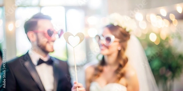 Fototapeta Blurred background of a wedding photo booth with props and guests.
