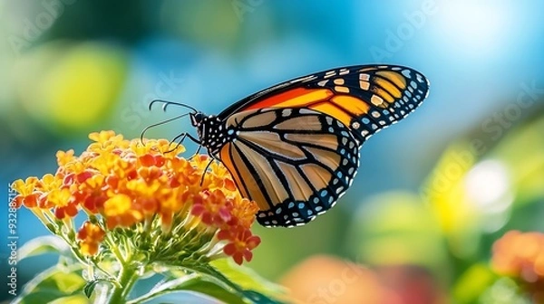 Fototapeta Beautiful spring summer image of monarch butterfly on orange lantana flower against blue sky  on bright sunny day in nature macro : Generative AI