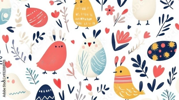 Fototapeta Bright and fun Easter pattern in featuring cartoons, textures, and playful elements for a festive vibe. Perfect for spring