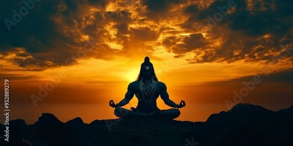 Fototapeta Abstract Silhouette of Meditating Shiva: AI-Generated Creative Design for Spiritual Marketing. Minimalist Artistic Composition with Elegant Gradient Textures. Versatile Graphic Element for Cultural UI
