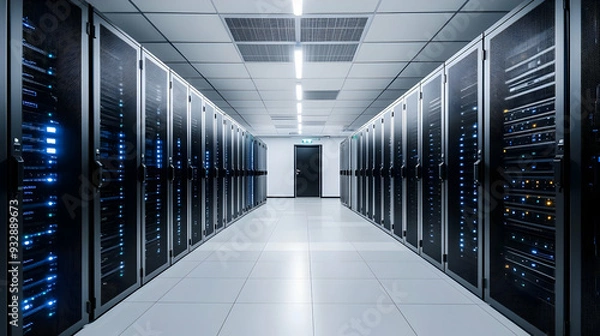 Fototapeta Server room with rows of black server racks and glowing lights.