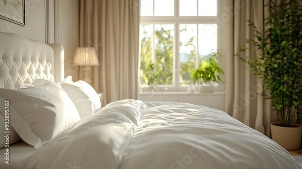 Fototapeta A comfortable double bed near the bedside tables in front of the window in a bright room  European  style bedroom interior : Generative AI