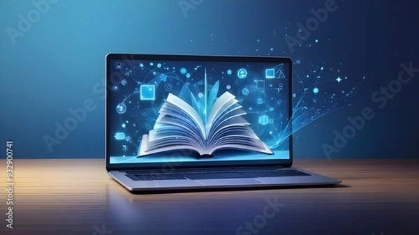 Fototapeta An illustration of an open digital book on a laptop screen with a cool blue backdrop, representing the idea of e-learning