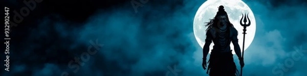 Fototapeta Abstract Silhouette of Lord Shiva with Trident Against Full Moon: AI-Generated Illustration for Cultural Marketing. Minimalist Composition with Elegant Gradients. Versatile Graphic for Indian Mytholog