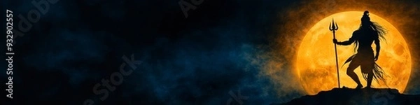 Fototapeta Abstract Silhouette of Lord Shiva with Trident Against Full Moon: AI-Generated Illustration for Cultural Marketing. Minimalist Composition with Elegant Gradients. Versatile Graphic for Indian Mytholog