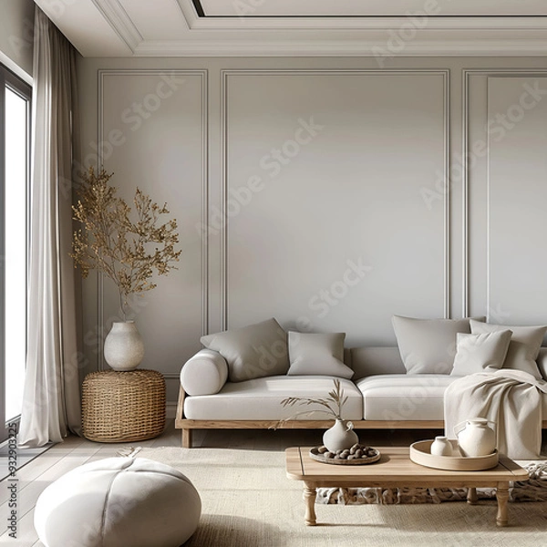 Fototapeta Aesthetic elegant classic interior design. Clear mock up empty wall for decoration in the apartment. Copy space in the room with moldings. Neutral palette of natural colors