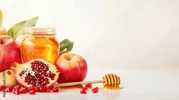 Fototapeta High-Resolution Rosh Hashanah Essentials: Pomegranates, Apples & Honey on White Background - Vibrant Colors & Realistic Textures for Jewish Holiday Designs