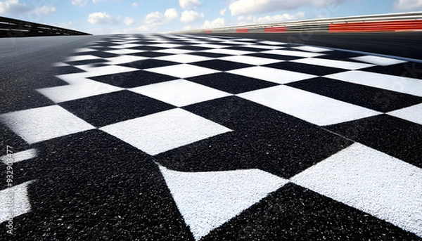 Obraz Checkered finish flag and asphalt racing track outdoors isolated with white highlights, 
