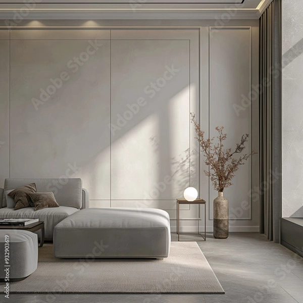 Fototapeta Aesthetic elegant classic interior design. Clear mock up empty wall for decoration in the apartment. Copy space in the room with moldings. Neutral palette of natural colors