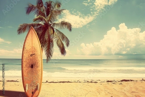 Fototapeta Retro surfboard on tropical beach with palm tree summer vibes Vintage colors
