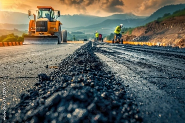 Fototapeta Road construction workers and machinery at new asphalt pavement site on highway