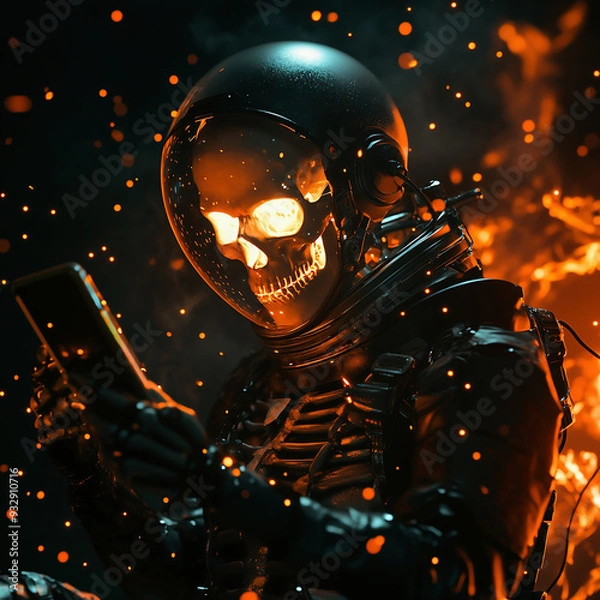 Fototapeta A skeleton in a black spacesuit and helmet holding an iPhone, with fire particles in the background, a dark atmosphere, and orange lights, in the style of cyberpunk