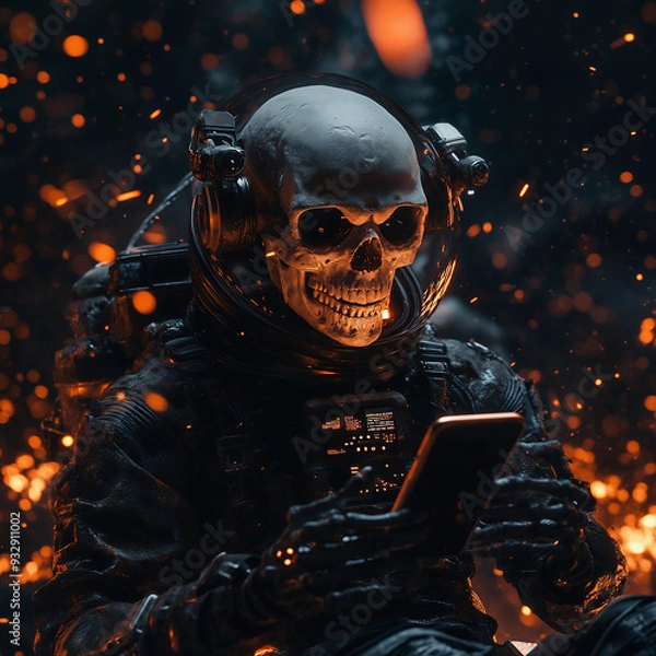 Fototapeta A skeleton in a black spacesuit and helmet holding an iPhone, with fire particles in the background, a dark atmosphere, and orange lights, in the style of cyberpunk