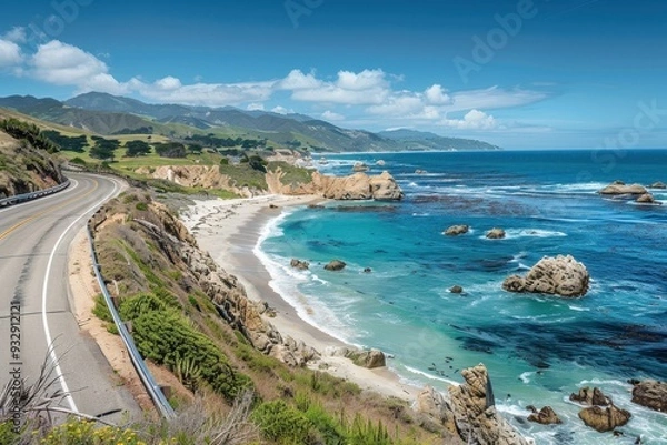Fototapeta Rocky coast and highway overlooking sandy beach and clear ocean
