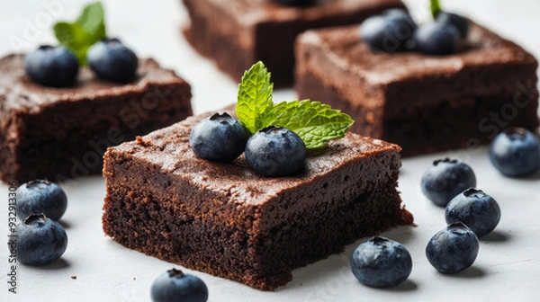 Fototapeta “Close-up of brownie bars decorated with fresh blueberries and a green mint leaf, set against a white background. The soft and moist chocolate fudge or cake is beautifully presented, emphasizing 