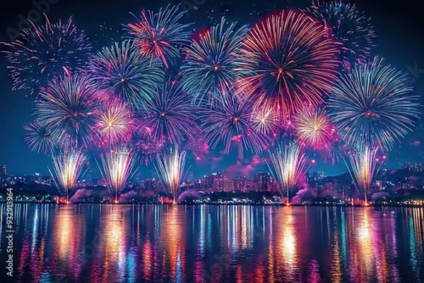 Obraz Spectacular Fireworks Display Over River in City Night Sky