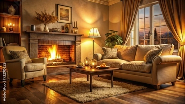 Fototapeta snuggle up warm and inviting living room scene features comfortable couch and crackling fireplace with warm golden lighting and soft focus effect
