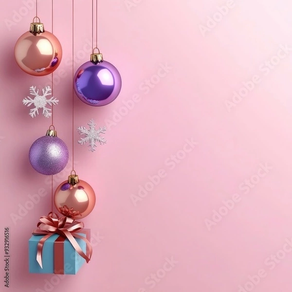 Fototapeta Christmas balls snowflakes with gift box greeting card background. Hanging multicolor Christmas balls with snowflakes and gift box with copy space. xmas card, christmas background