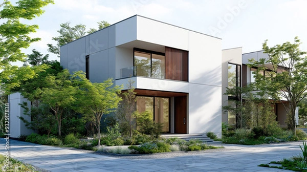 Obraz 閑静な住宅地に建つ２階建て住宅の外観パース｜建築パース