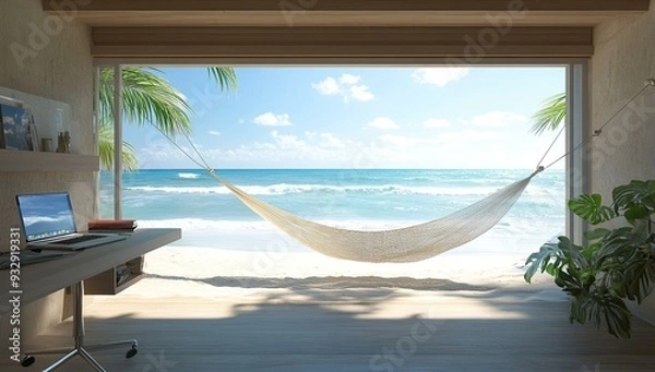 Fototapeta A laptop sits on a desk overlooking a beach hammock.
