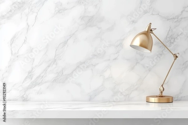 Fototapeta Golden Glow on Marble: A sleek gold desk lamp illuminates a minimalist workspace, set against the elegant backdrop of a white marble wall, offering a clean.