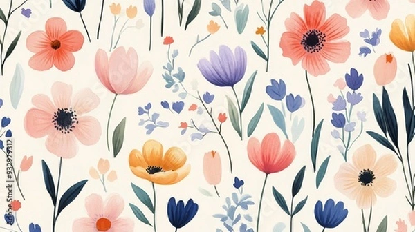 Obraz A vibrant floral pattern featuring a variety of colorful flowers in shades of pink, purple, yellow, and blue on a soft cream background