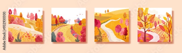 Fototapeta Set with places for travel Hand drawn. Autumn forest. Migratory birds. Fields on the hills. Print on Print, postcard or diary. Vector