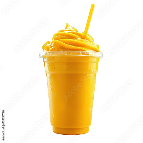 Fototapeta Fresh mango smoothie in a large transparent glass, refreshing mango milkshake. Isolated on white background.