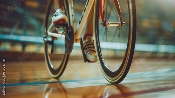 Fototapeta Legs of a track cycling cyclist at a bicycle racing competition with blur from speed of the cycle