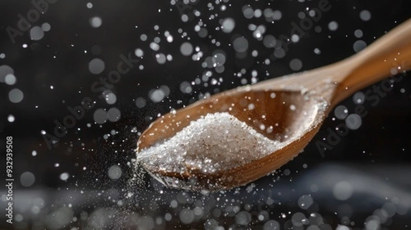 Fototapeta Salt being poured into a wooden spoon, captured in a close-up shot