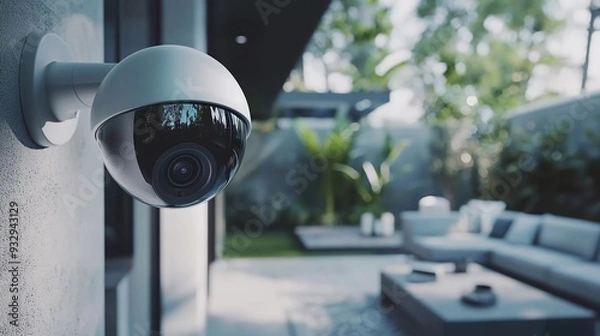 Fototapeta Close-up view of a modern home security camera monitoring vigilantly, showing details of advanced technology and vigilance around the idyllic area