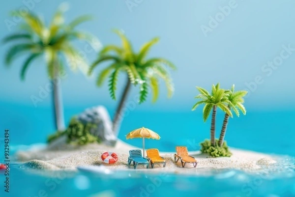 Obraz Tropical island with mini beach gear on blue backdrop
