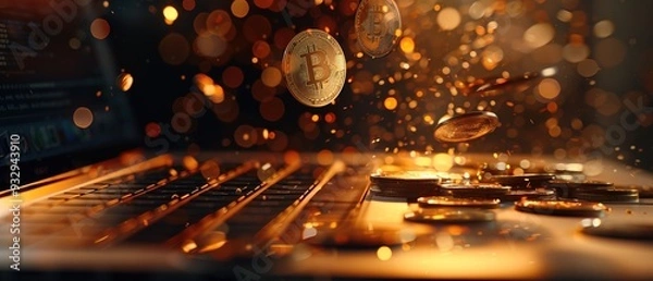 Obraz Money and coins emerging from a laptop - Concept of online earnings