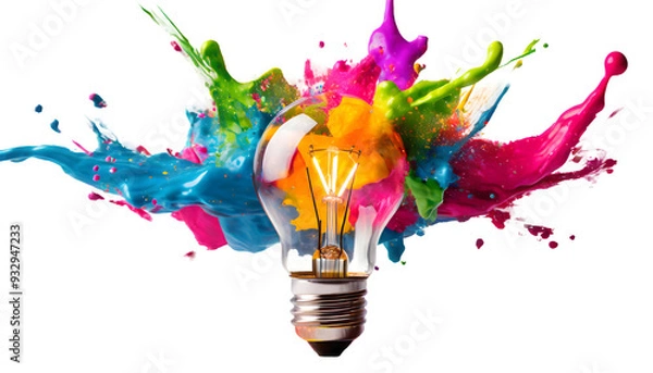 Obraz Creative light bulb explodes with colorful paint Splash on a white isolated background. Generative AI.