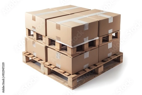 Fototapeta Cardboard boxes on pallet shipping on white background.