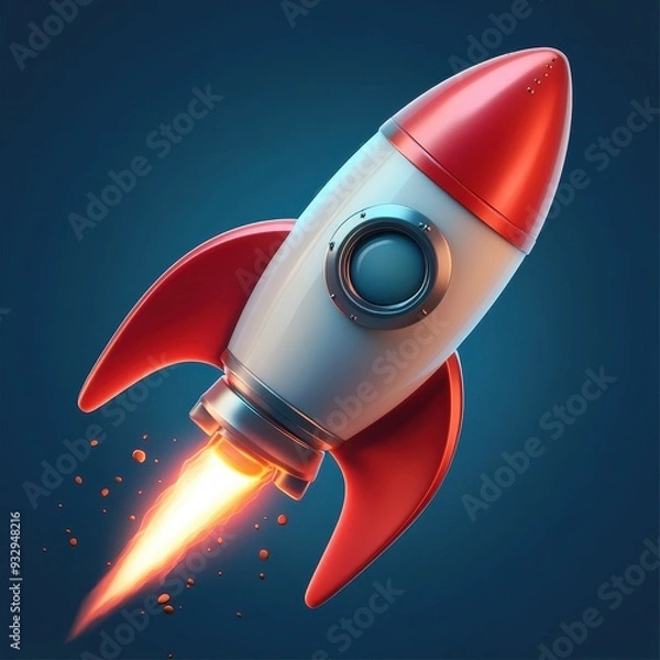 Fototapeta 3D Render of Red and White Rocket Launching with Fire and Smoke.