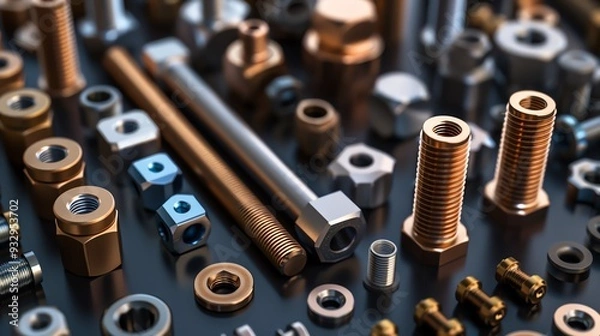 Fototapeta Realistic 3D render of industrial fasteners, various sizes